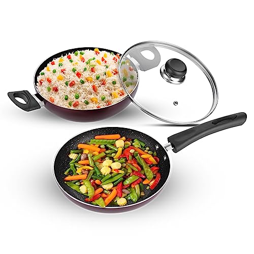 Vinod Supreme Non Stick Cookware Set Combo 2 Pieces | Kadai with Glass Lid (2 Litre), and Frypan | 5-Ply Aluminum Layer (3mm Thick) | Gas and Induction Base | 2 Year Warranty