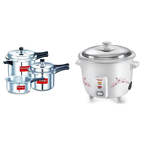 Prestige Popular Max 5 + 3 + 2 Litre Outer Lid Pressure Cooker Combo Pack, 2 Lids, Silver, Large (11791) & Prestige Delight PRWO 1.5 Electric Rice cooker with Steaming Feature (1.5 Liters, White)