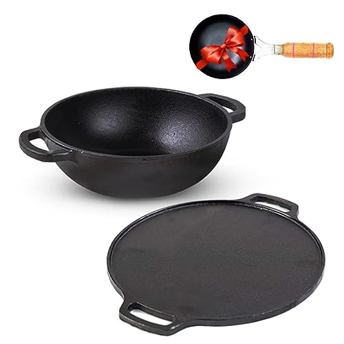 The Indus Valley Pre-Seasoned Cast Iron Cookware Set + Free Iron Tadka Pan | Kadai (25.4cm/2.3L) + Tawa (30.5cm) | Kitchen Cooking Combo Pots and Pans Set of 3Pcs | Naturally Nonstick