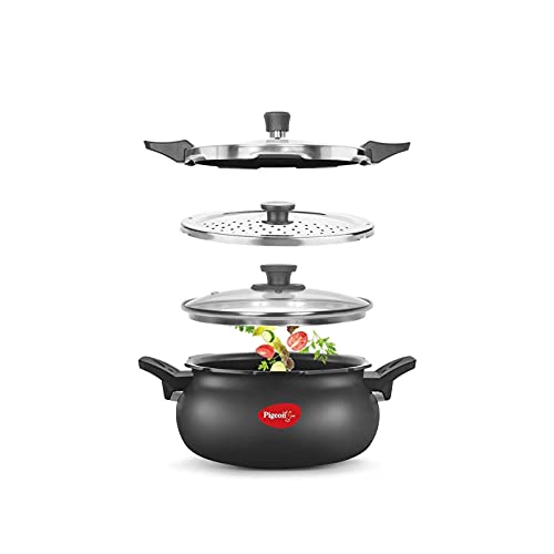 Pigeon By Stovekraft All in One Super Cooker Aluminium with Outer Lid Induction and Gas Stove Compatible 5 Litre Capacity for Healthy Cooking (Black)