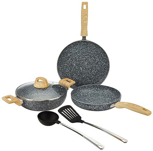 Amazon Basics 5-Piece Non-Stick Cookware Set, Granite Finish, Induction Base (1 Tawa - 28 cm, 1 Fry Pan - 24 cm, 1 Kadai - 24 cm, 1 Glass Lid and 2 Nylon Spatulas; Granito Grey)