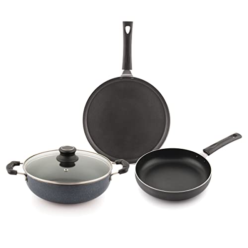 A ATTRO Aluminium Imperial 4Pcs Non Stick Combo Kitchen Induction and Gas Compatible Cookware Set Kadai, Fry Pan, Dosa Tawa & 1 Glass Lid- Spanish Grey