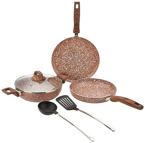 Amazon Basics 5-Piece Non-Stick Cookware Set, Granite Finish, Induction Base (1 Tawa - 28 cm, 1 Fry Pan - 24 cm, 1 Kadai - 24 cm, 1 Glass Lid and 2 Nylon Spatulas; Rust Granito)