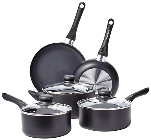 Amazon Basics 8-Piece Non-Stick Cookware Set| 2-Way 3 Layer Non-Stick Coating | PFOA Free | High Temperature Resistant Exterior Coating, Black