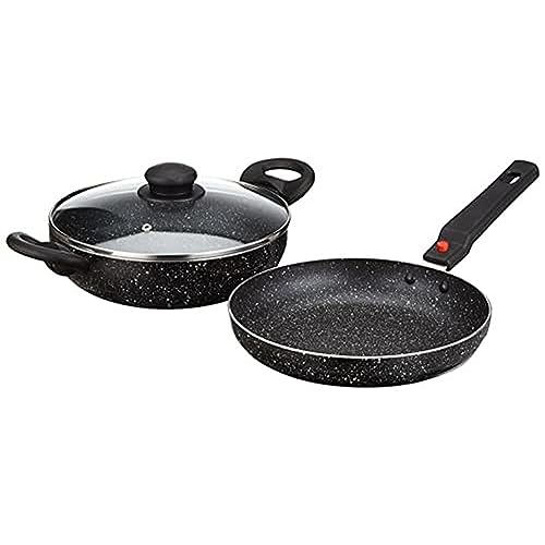 Amazon Brand - Solimo Aluminium 3 Piece Non-Stick Cookware Set with Detachable Handle| Granite Finish | Induction Base | Pfoa Free | High Temperature Resistant Exterior Coating | Black