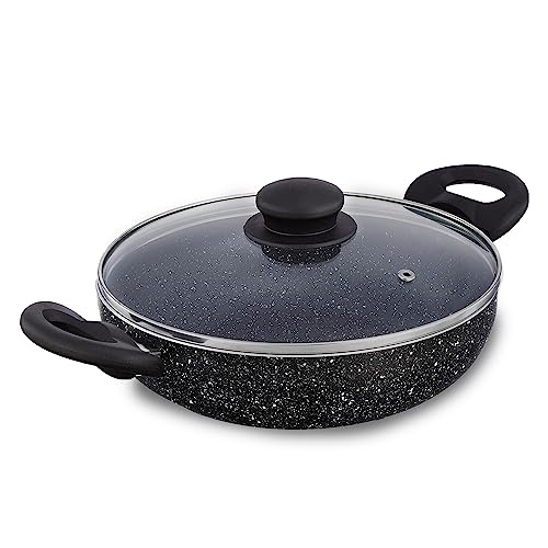 Amazon Brand - Solimo Non-Stick Kadai with Glass Lid & Detachable Handle| Granite Finish | Induction Base | PFOA Free | High Temperature Resistant Exterior Coating | 22 cm | Black