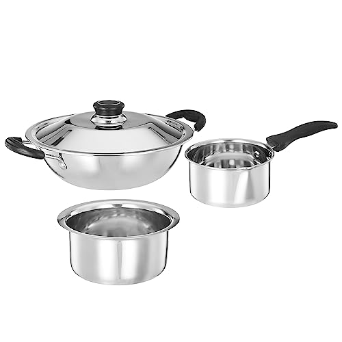 Amazon Brand - Solimo Stainless Steel - 3 Pcs Kitchen Delight Cookware Set (15 Cm Sauce Pan, 23 Cm Kadai with Ss Lid, 20 Cm Tope)