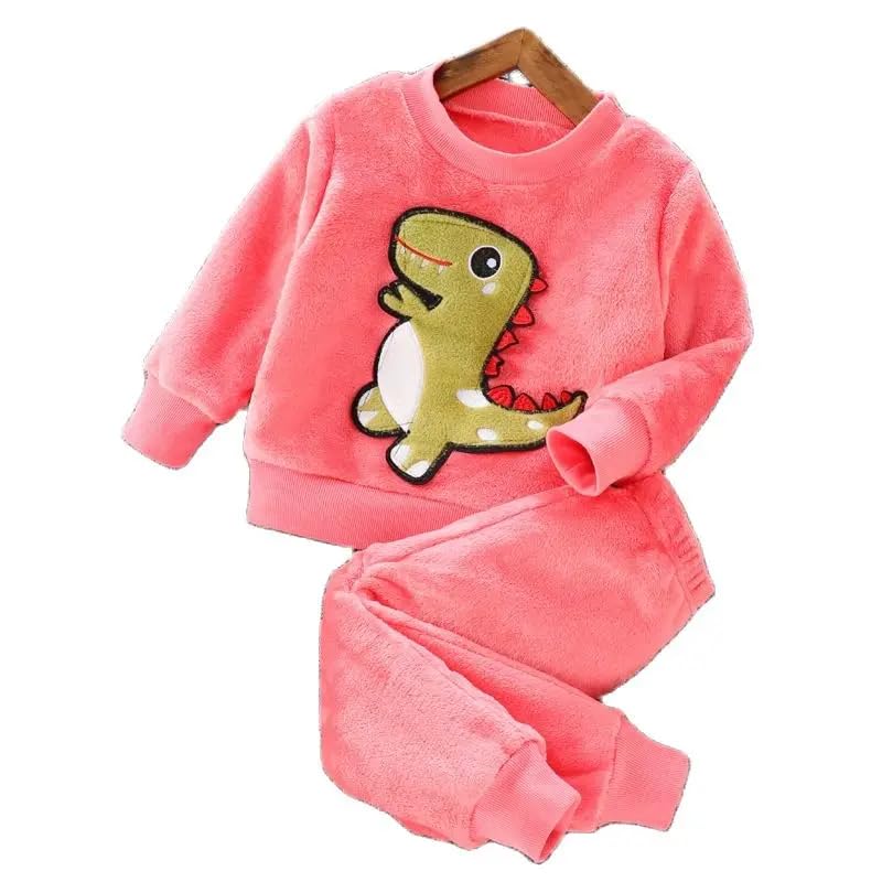 Bold N Elegant Kids Dinosaur Thick Warm Fleece Fur T-Shirt Sweatshirt Joggers Pant Winter Coord Set for Baby Boy Girl