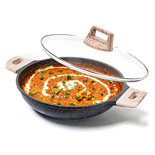 CAROTE 22cm/1.8L Non Stick Kadai, Induction&Gas Kadai, Granite Stone Kadhai with Lid Deep Frying Pan, Biryani Pot