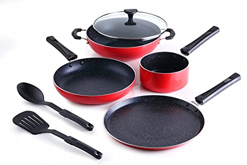 Crystal Classic Series 7-pc Non-Stick Induction Bottom Cookware Set, PFOA Free, Tawa, Fry-Pan, Kadhai with Glass Lid, Sauce Pan with 2 Serving Spoons, Red,Aluminium, 7