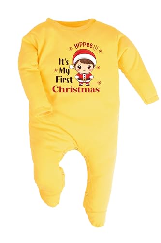 Fflirtygo Christmas Baby Wear 100% Hosiery Cotton Rompers with Booties/Jumpsuit Full Sleeve Yippee It's My First Christmas Romper for Boys and Girls