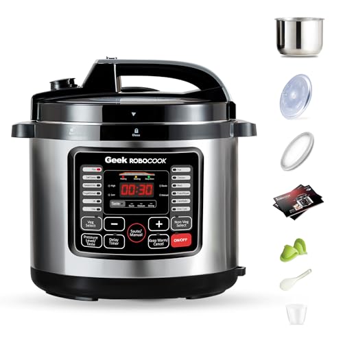 Geek Robocook Nuvo 8 Litre Electric Pressure Cooker, One Touch Instant Cooking, 11-in-1 Function,17 Indian Preset Menu, Automatic Rice Cooker, Slow Cook, Steamer (Stainless steel)