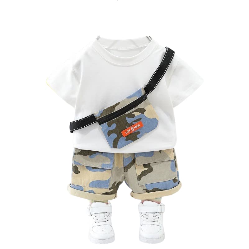 Googogaaga Boy's Cotton Printed White T-Shirt with Camo Shorts Baby Boys Clothing Set