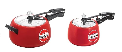 Hawkins Ceramic- Coated Aluminium Inner Lid Handi/Contura Pressure Cooker, 3 Litre And 5 Litre, Combo Set (Tomato Red)