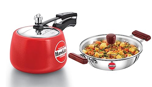 Hawkins Ceramic- Coated Contura 3L Mustard Yellow Aluminium Inner Lid Pressure Cooker & 2.5 Litre Deep Fry Pan, Triply Stainless Steel Kadai with Glass Lid,Induction Kadhai, (SSD25G) (2 PCS SET)