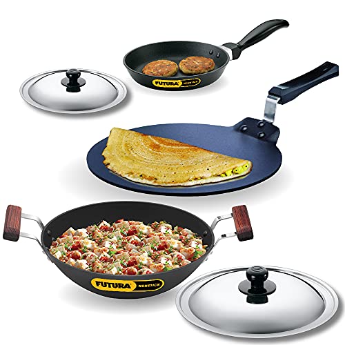 Hawkins Futura 3 Pieces Cookware Set 7 - Non Stick Dosa Tava, Frying Pan, Kadhai and Two Stainless Steel Lids, Black (NSET7)