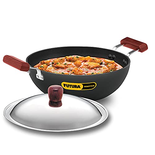 Hawkins Futura 3.5 Litre Deep Kadhai, Non Stick Kadai with Stainless Steel Lid, Flat Bottom Induction Kadhai, Black (INK35S)