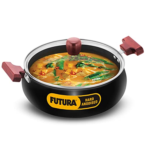 Hawkins Futura 5 Litre Cook n Serve Handi, Hard Anodised Biryani Handi with Glass Lid, Induction Saucepan, Sauce Pan, Black (IACH50G)