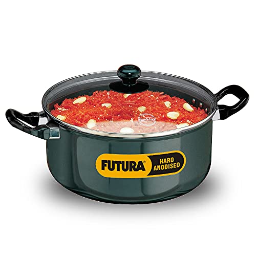 Hawkins Futura 5 Litre Cook n Serve Stewpot, Hard Anodised Sauce Pan with Glass Lid, Cooking Pot with Two Handles, Black (AST50G)