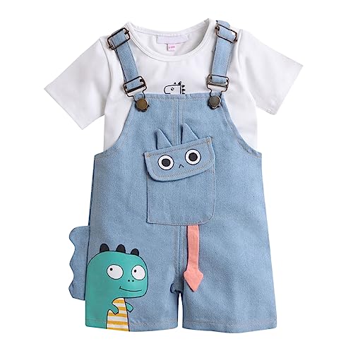 Hopscotch Boys Cotton Animal Print T-shirt and Dungaree Set In Blue Color