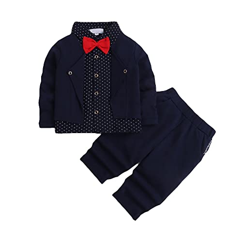 Hopscotch Boys Navy Cotton Blend Graphic Print Shirt And Pant Set