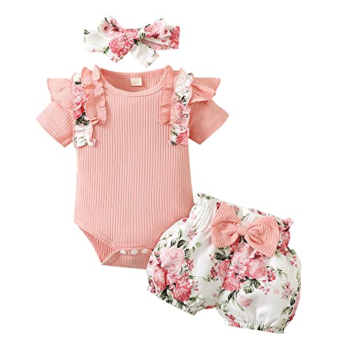 Hopscotch Girls Cotton and Polyester Floral Print Onesie and Shorts Set with Headband in Pink Color