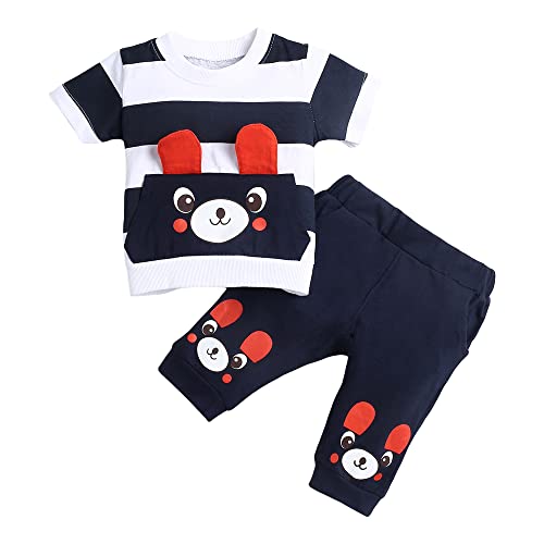 Hopscotch Stripes Bear Print Half Sleeves T-shirt and Jogger Set