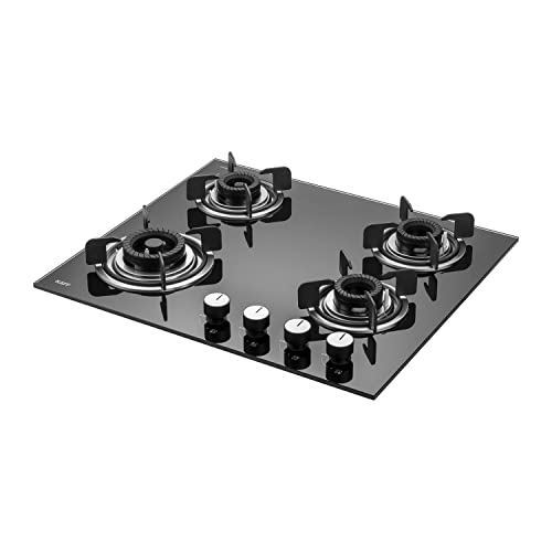 KAFF Built-in Hobs 4 Burners with Auto Electric Ignition 60 CM, Black Coated Tornado Style Burners, 8MM Thick Toughened Glass (CRH 604, Black)