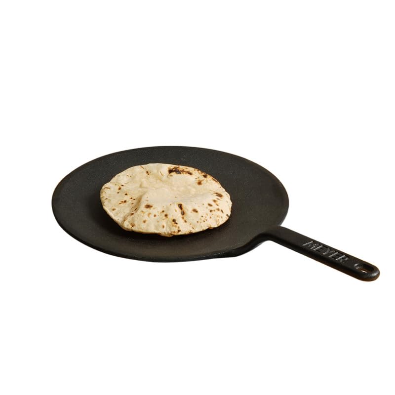 Meyer Pre-Seasoned Cast Iron Roti/Chapati/Dosa Tawa Pan with Stick Handle, Dosa Kallu, Iron Tawa Big Size | Pre-Seasoned Cast Iron Cookware | Gas Stovetop Compatible | 26cm, Black