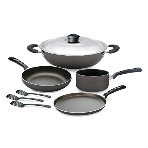 Nirlep Sakhi 8 Pieces Cookware Set| Non Stick Tawa, Non Stick Kadhai with Lid, Non Stick Fry Pan, Sauncepan with 3 Spatulas|Induction Base Cookware| 5-Layer PFOA Free Coating | Gift Set