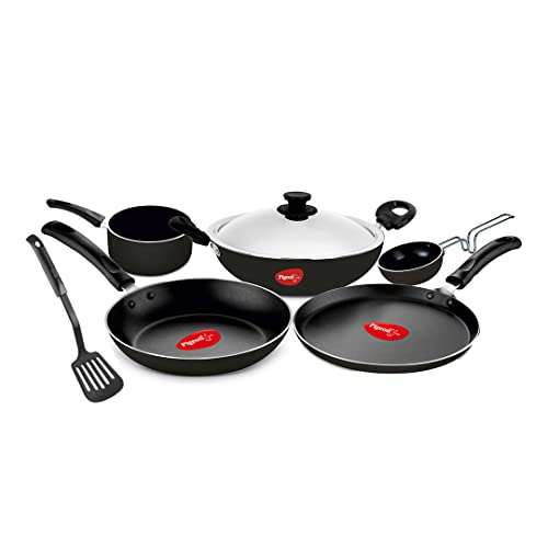 Pigeon Favourite 7 Piece Gift Set Non-Stick Coated Comes with Fry Pan, Kadhai, Lid, Sauce Pan, Spatula, Tadka Pan and a Tawa - Gas Stove Compatible (Black)