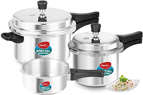 Pigeon by Stovekraft Aluminium Outer Lid Pressure Cooker Combo 2 litre, 3 litre, and 5 litre, Induction Base - 12685 (Silver)