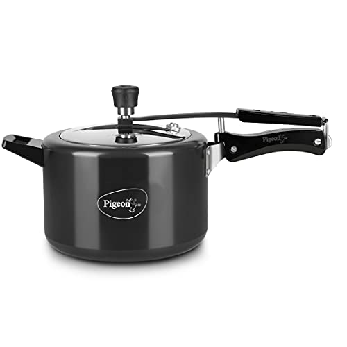 Pigeon by Stovekraft Titanium Induction Base Inner Lid Hard Anodised Aluminium Pressure Cooker, 5 litres, Black, Standard (12422)