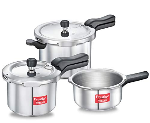 Prestige 2L+3L+5 Litres Svachh outer lid Aluminium combo Pressure Cooker with 2 Lids | Deep lid controls spillage | Gas & Induction Compatible | Safety Plug | Gasket-release system