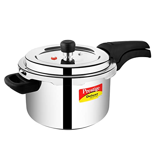 Prestige 4 Litres Svachh Deluxe Alpha Induction Base Outer Lid Stainless Steel Pressure Cooker | Deep lid controls spillage | Silver | Gasket-Release System | Straight Wall | Pressure Indicator