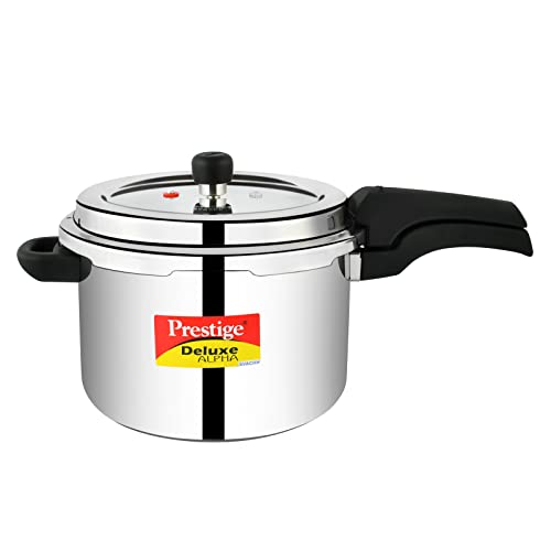 Prestige 6.5 Litres Deluxe Alpha Svachh Induction Base Outer Lid Stainless Steel Pressure Cooker | Deep lid controls spillage| Silver | Pressure Indicator | Gasket-Release System | Anti-Bulge Base