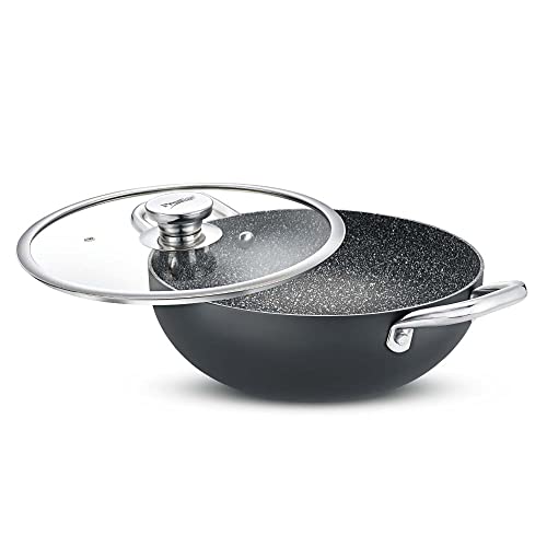 Prestige Durastone Hard Anodised Non-Stick Cookware Deep Kadai 28Cm (4.25 Litre) with Glass Lid,Black
