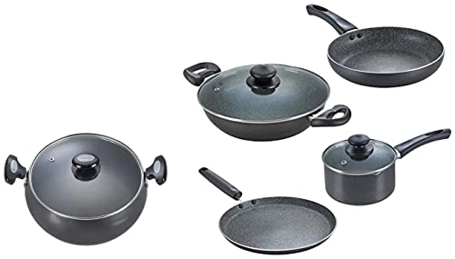 Prestige Omega Granite Aluminium Kitchen Set, 4-Pieces, Black & Hard Anodised Cookware Lifetime Induction Base Sauce Pan, 200mm, Black