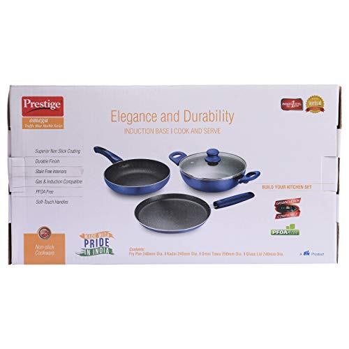 Prestige Omega Induction Base Non-Stick Cookware Set, 3 Pieces (Blue)