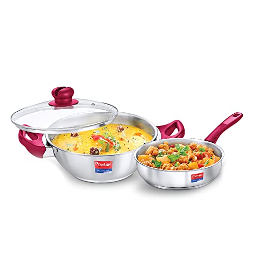 Prestige Stainless Steel Platina Popular Gas Compatible Fry Pan, 24 Cm (2.25 L) + Platina Popular Kadai with Glass Lid, 24 Cm (2.8 L) Kitchen Set