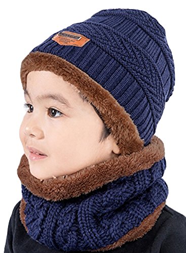 T WILKER 2Pcs Kids Winter Knitted Hats+Scarf Set Warm Fleece Lining Cap for 5-14 Year Old Boys Girls