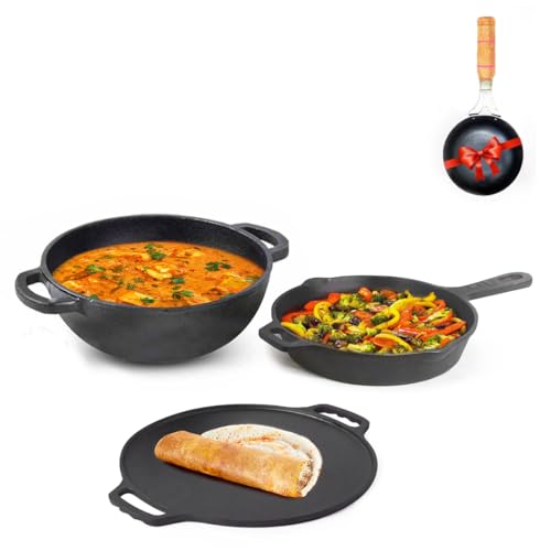 The Indus Valley Pre-Seasoned Cast Iron Cookware Set + Free Iron Tadka Pan | Tawa(30.2cm)+ Kadai(25.4cm/2.3L)+ Fry pan(23cm/1.4L) | Kitchen Cooking Combo Pots and Pans Set of 4Pcs | Naturally Nonstick