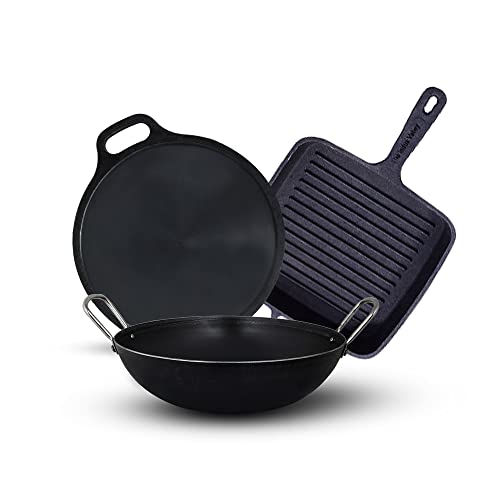 The Indus Valley Pre-Seasoned Cast Iron Cookware Set | Tawa (30 cm) + Grill Pan (25 cm/1.5L) + Kadai (24.6 cm/2.7L) | Kitchen Cooking Combo Pots and Pans Set of 3Pcs | Naturally Nonstick