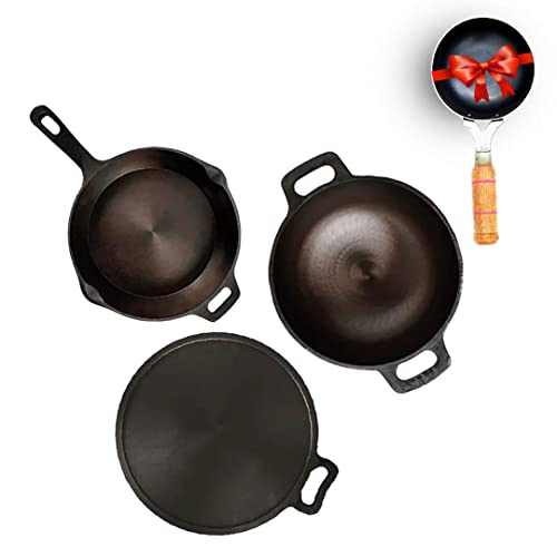 The Indus Valley Super Smooth Cast Iron Cookware Set + Free Iron Tadka Pan | Tawa (28cm) + Kadai (25.4cm) + Fry Pan (24.6cm) | Pack of 4 | Naturally Nonstick, 100% Pure & Toxin-Free