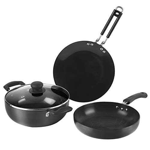 Vinod Black Pearl Plus Hard Anodised Cookware 3 Pcs Set of 24 cm Deep Kadai/Kadhai with Lid (3.1 Litre), 24 cm Frypan and 25 cm Tawa (4.25 mm Thickness) - Black (Induction and Gas Stove Compatible)