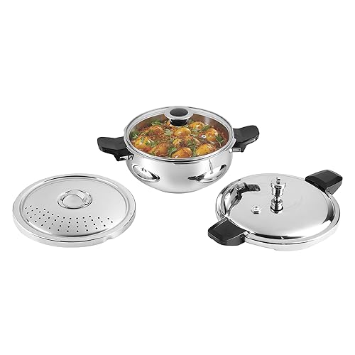 Vinod Magic Stainless Steel Smart 3 in 1 Pressure Cooker 3.5 Litre | 5mm Thick Base | All in One Cooker with Strainer & Glass Lid | Induction and Gas Base | ISI certified | 2 Years Warranty