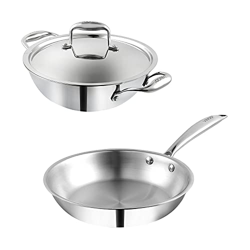 Vinod Platinum Triply Stainless Steel Combo Set of 2 | Extra Deep Kadai/Kadhai with lid 1.5 Litre (20 cm) and Frypan (20 cm) | Induction and Gas Base | 5 Year Warranty - Silver