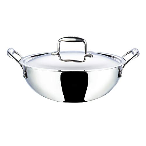 Vinod Platinum Triply Stainless Steel Extra Deep Kadai with Lid 3.2 Litre (24 cm Dia) | 2.5mm Thick | Stainless Steel Cookware | 5 Year Warranty | Induction & Gas Base | Heavy Base