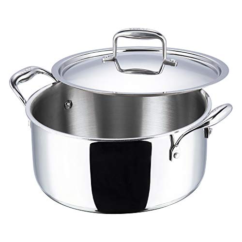 Vinod Platinum Triply Stainless Steel Saucepot with Stainless Steel Lid 3 litres Capacity (20 cm Diameter) with Riveted Handles - Silver (Induction and Gas Stove Friendly)