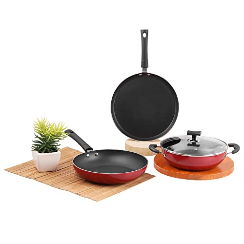 Vinod Popular Non Stick Cookware Set Combo 3 Pieces | Kadai with Lid, Fry Pan, and Dosa Tawa | 3-Ply Aluminum Layer (3mm Thick) | Gas and Induction Base | 2 Year Warranty